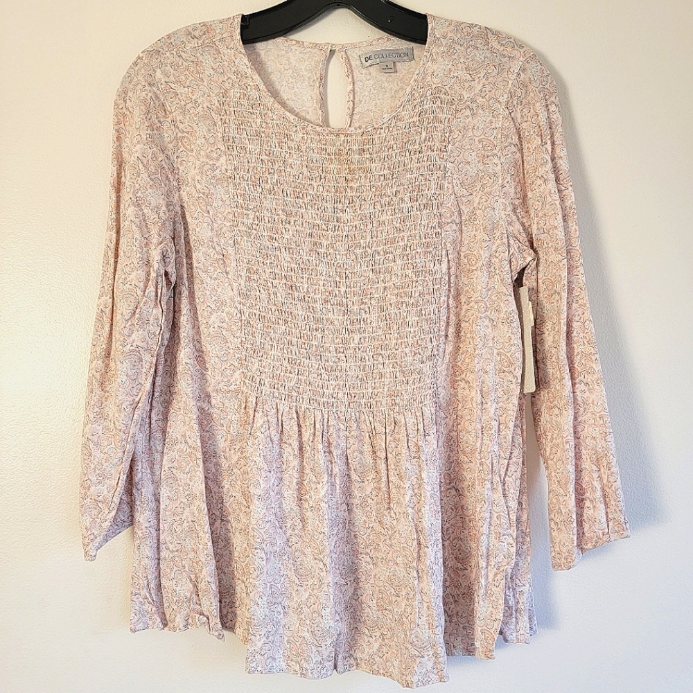 DownEast Twice Over Folk Paisley Print Smocked Blouse Light Flowy Feminine Small